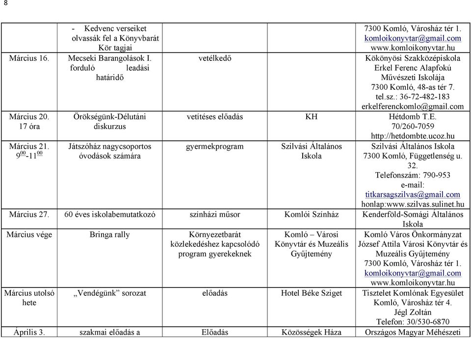 com vetítéses előadás KH Hétdomb T.E. Játszóház nagycsoportos Március 21. gyermekprogram Szilvási Általános Szilvási Általános Iskola 9 00-11 00 óvodások számára Iskola 7300 Komló, Függetlenség u. 32.