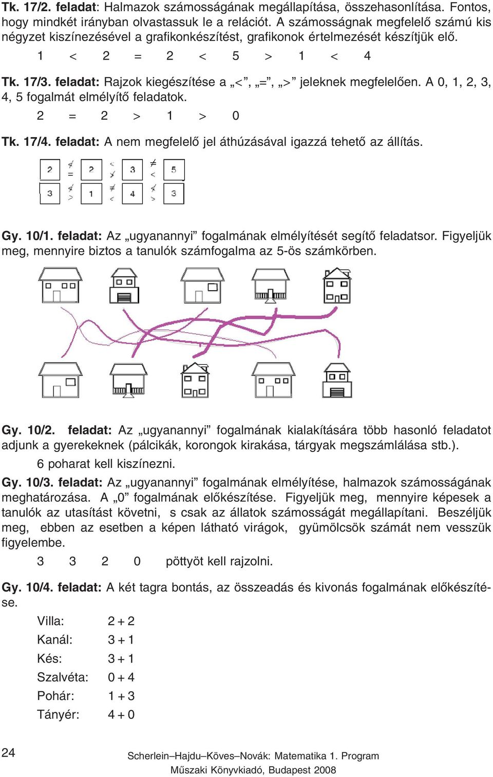 feladat: Rajzok kiegészítése a <, =, > jeleknek megfelelően. A 0, 1, 2, 3, 4, 5 fogalmát elmélyítő feladatok. 2 = 2 > 1 > 0 Tk. 17/4. feladat: A nem megfelelő jel áthúzásával igazzá tehető az állítás.