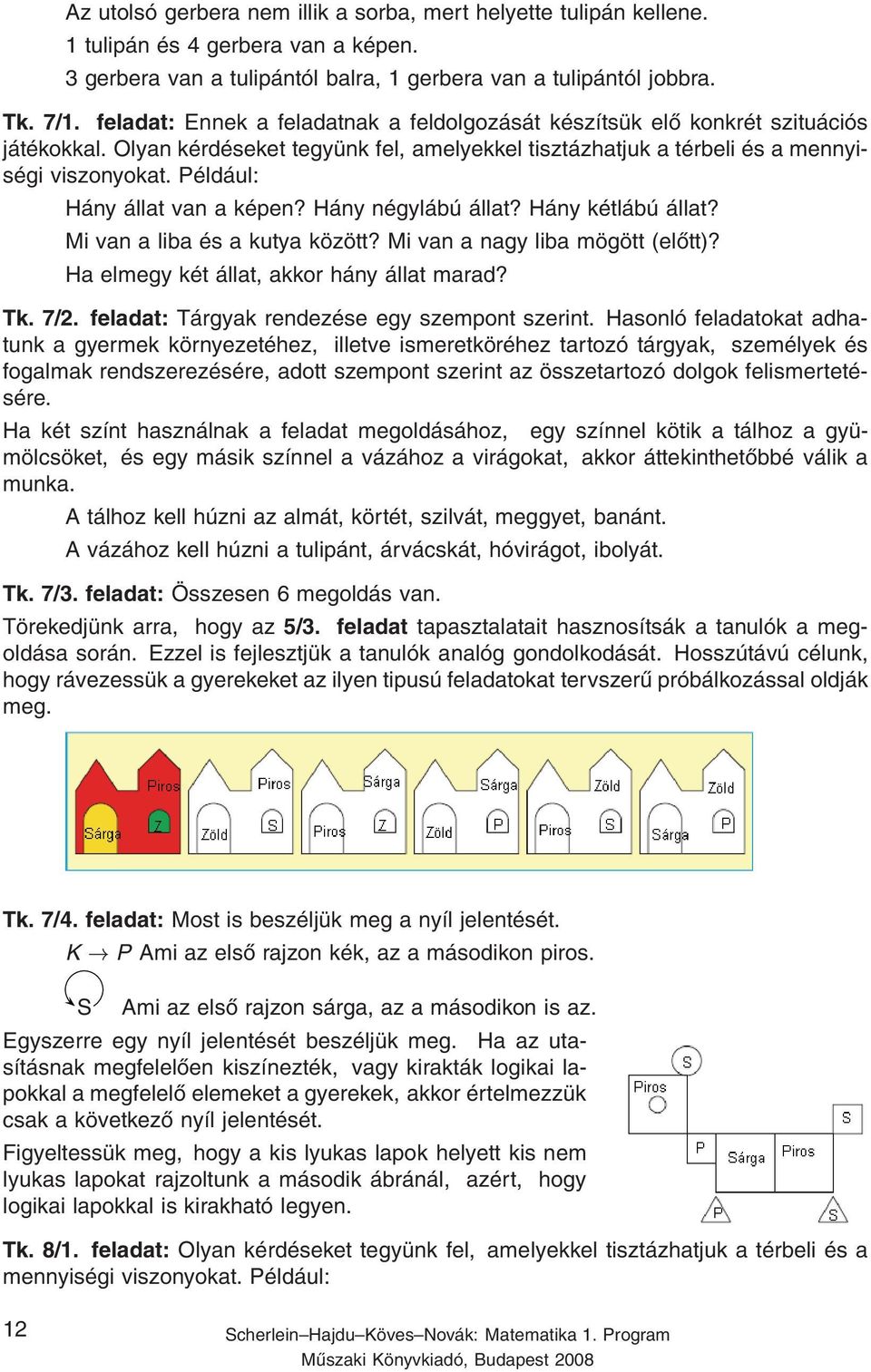 Például: Hány állat van a képen? Hány négylábú állat? Hány kétlábú állat? Mi van a liba és a kutya között? Mi van a nagy liba mögött (előtt)? Ha elmegy két állat, akkor hány állat marad? Tk. 7/2.