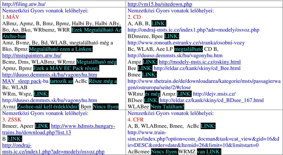 http://mstspainters.atw.hu/ Bcmz, Dms, WLABmz, WRrmz Megtalálható még Apmz, Bpmz Ezek a MÁV EC Pack részei. http://duuso.demmsts.sk/hu/vagonyhu.