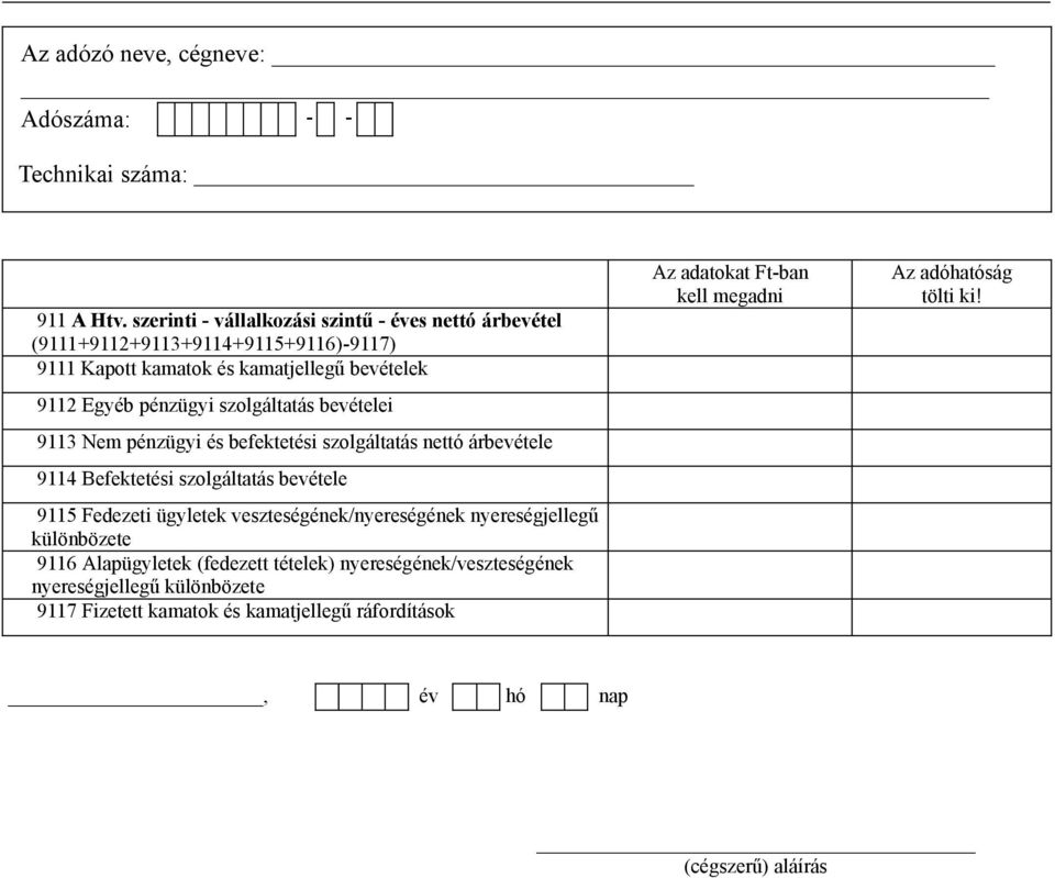 szolgáltatás bevételei 9113 Nem pénzügyi és befektetési szolgáltatás nettó árbevétele 9114 Befektetési szolgáltatás bevétele 9115 Fedezeti ügyletek