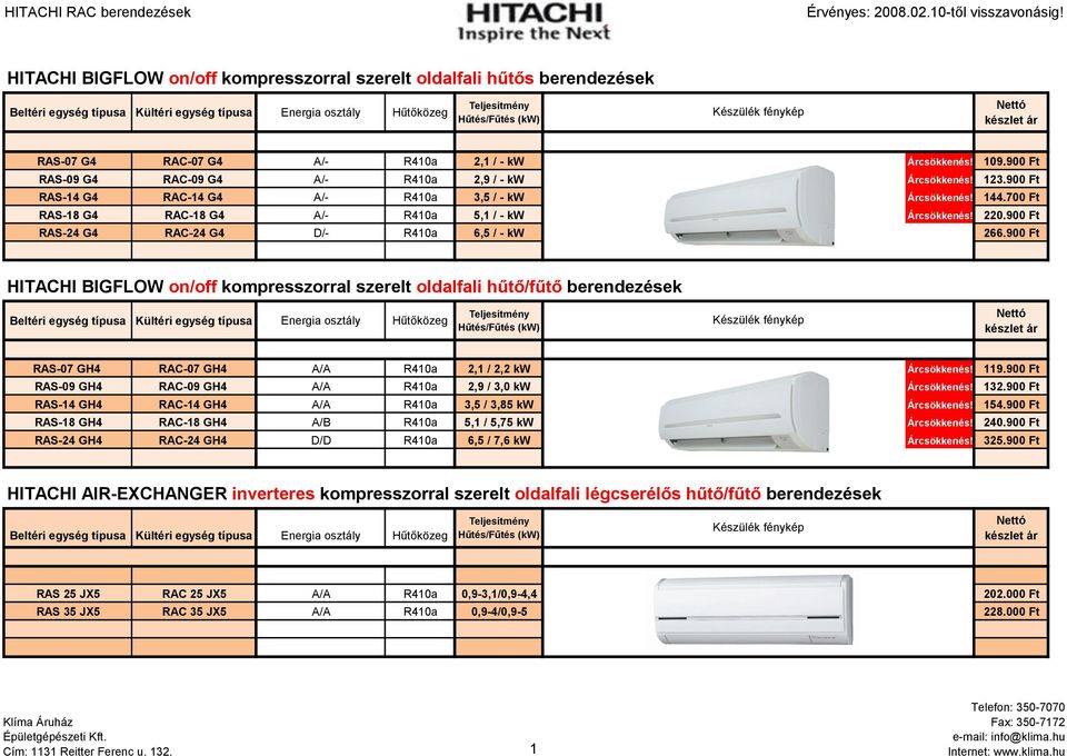 900 Ft HITACHI BIGFLOW on/off kompresszorral szerelt oldalfali hűtő/fűtő berendezések RAS-07 GH4 RAC-07 GH4 A/A R410a 2,1 / 2,2 kw Árcsökkenés! 119.