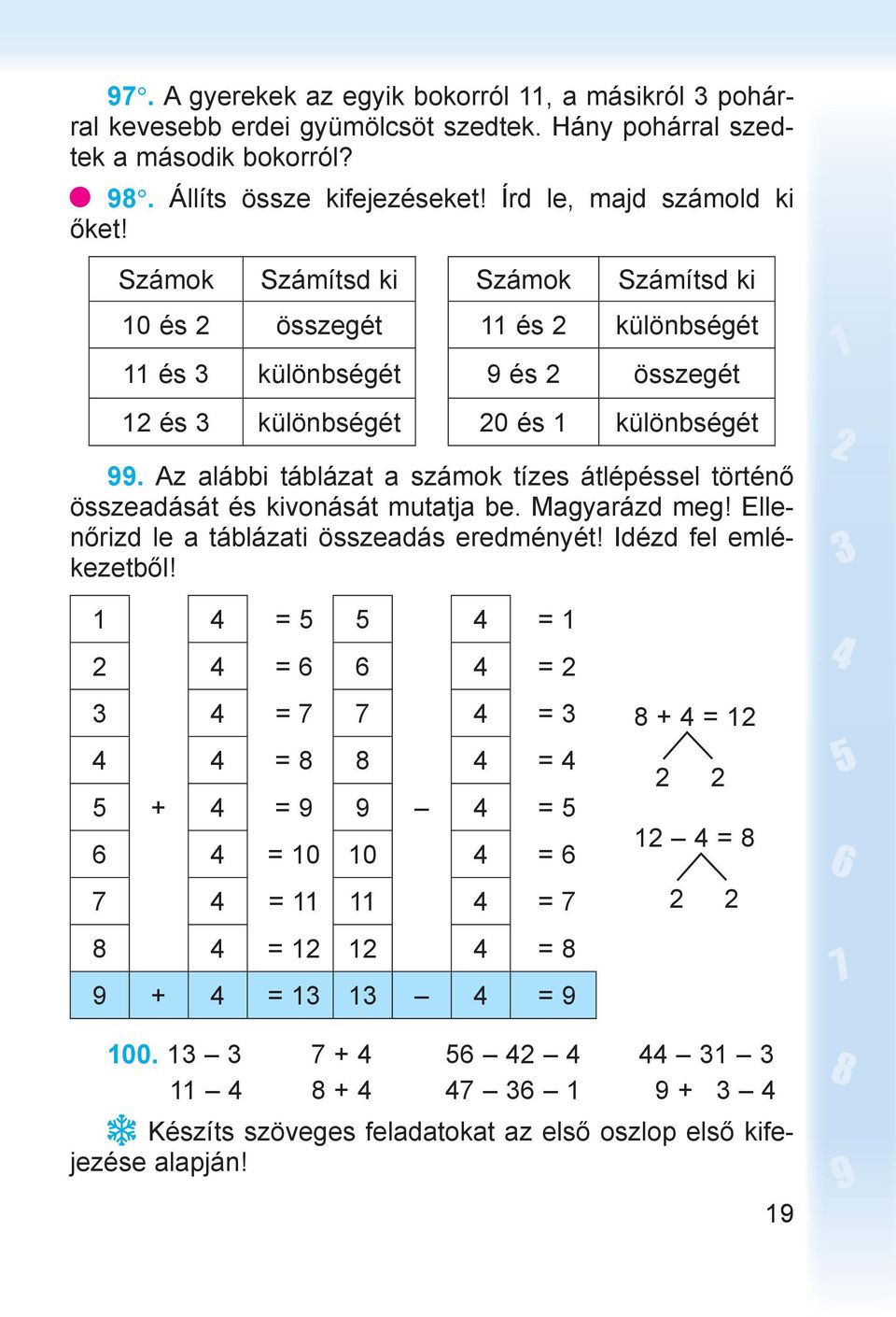 Az alábbi táblázat a számok tízes átlépéssel történő összeadását és kivonását mutatja be. Magyarázd meg! Ellenőrizd le a táblázati összeadás eredményét! Idézd fel emlékezetből!