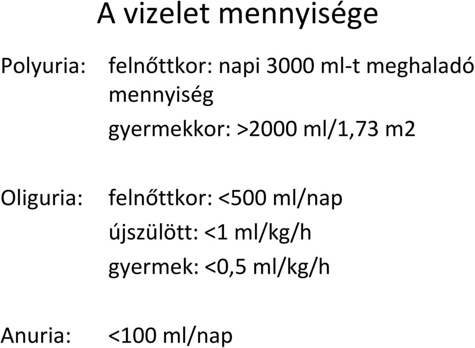 ml/1,73 m2 Oliguria: felnőttkor: <500 ml/nap