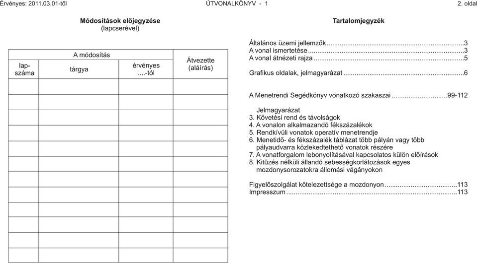 A vonalon alkalmazandó fékszázalékok 5. Rendkívüli vonatok operatív menetrendje 6. Menetidő- és fékszázalék táblázat több pályán vagy több pályaudvarra közlekedtethető vonatok részére 7.