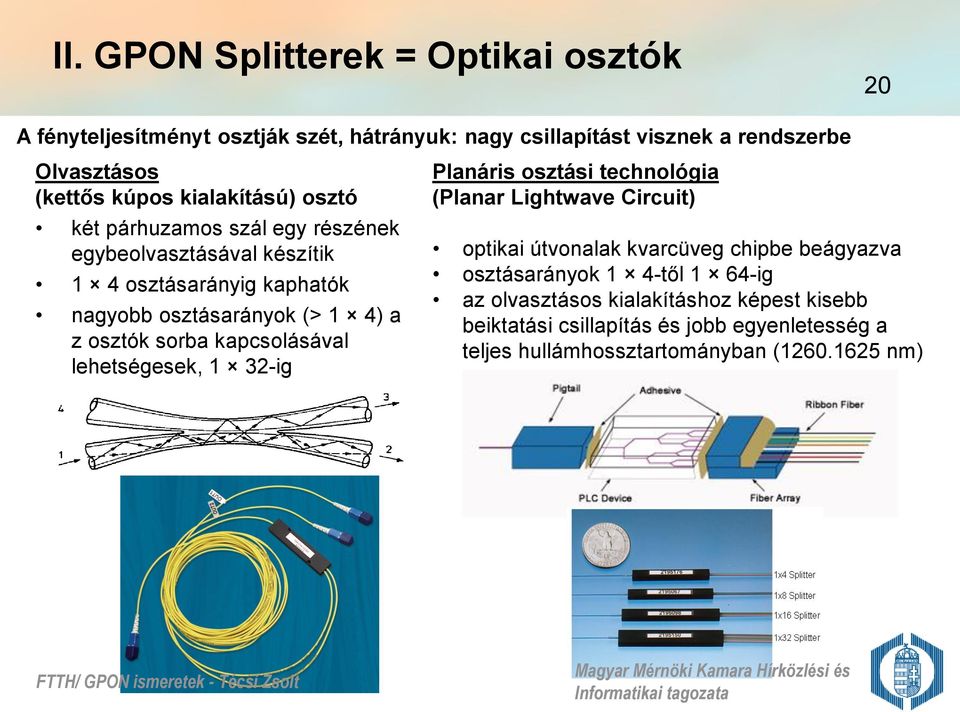 sorba kapcsolásával lehetségesek, 1 32-ig Planáris osztási technológia (Planar Lightwave Circuit) optikai útvonalak kvarcüveg chipbe beágyazva