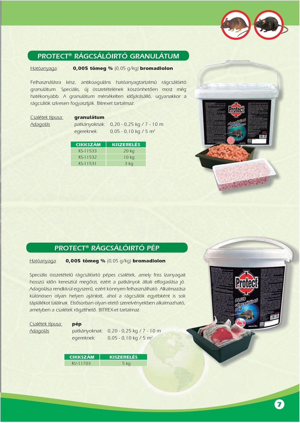 Csalétek típusa: Adagolás granulátum patkányoknak: 0,20-0,25 kg / 7-10 m egereknek: 0,05-0,10 kg / 5 m 2 KS-11533 KS-11532 KS-11531 20 kg 10 kg 3 kg PROTECT RÁGCSÁLÓIRTÓ PÉP 0,005 tömeg % (0,05 g/kg)