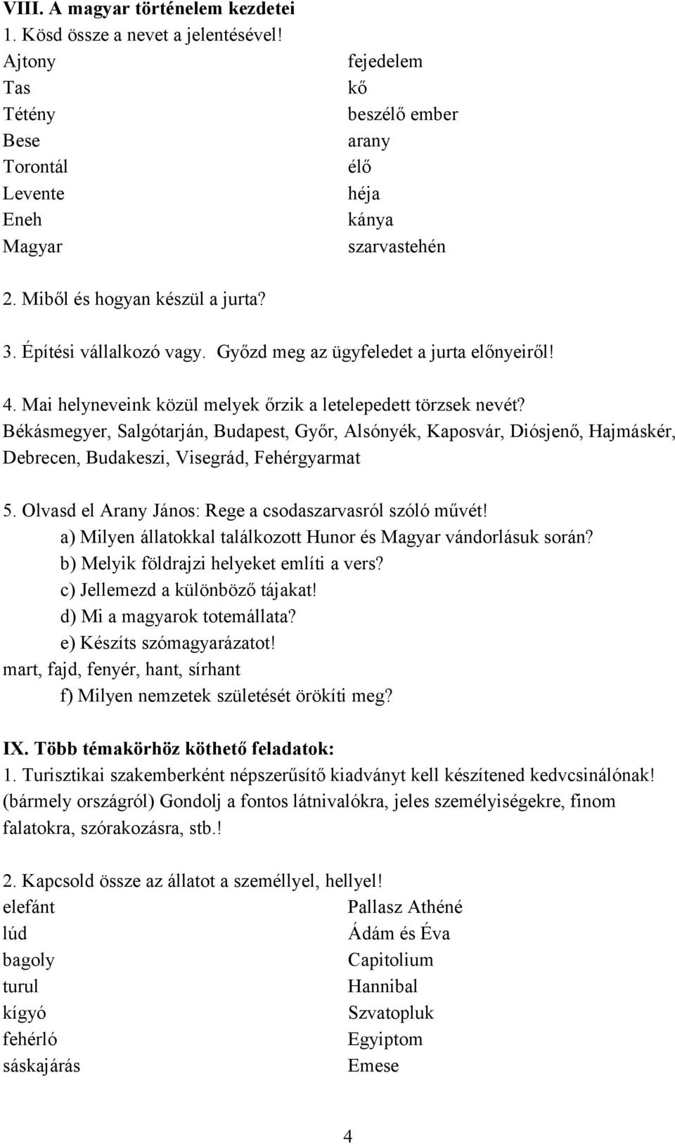 Békásmegyer, Salgótarján, Budapest, Győr, Alsónyék, Kaposvár, Diósjenő, Hajmáskér, Debrecen, Budakeszi, Visegrád, Fehérgyarmat 5. Olvasd el Arany János: Rege a csodaszarvasról szóló művét!