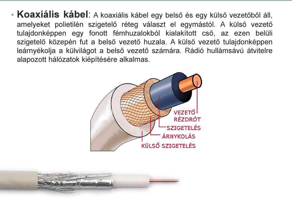 A külső vezető tulajdonképpen egy fonott fémhuzalokból kialakított cső, az ezen belüli szigetelő