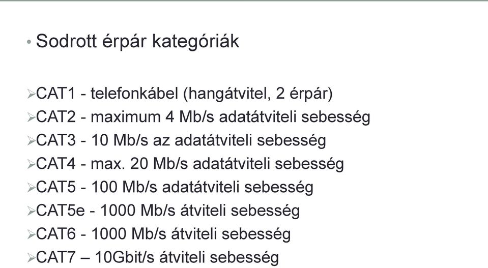 max. 20 Mb/s adatátviteli sebesség CAT5-100 Mb/s adatátviteli sebesség CAT5e -