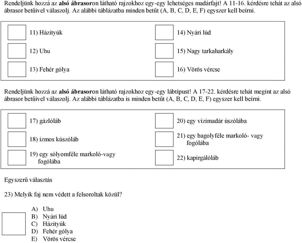 11) Házityúk 14) Nyári lúd 12) Uhu 15) Nagy tarkaharkály 13) Fehér gólya 16) Vörös vércse Rendeljünk hozzá az alsó ábrasoron látható rajzokhoz egy-egy lábtípust! A 17-22.