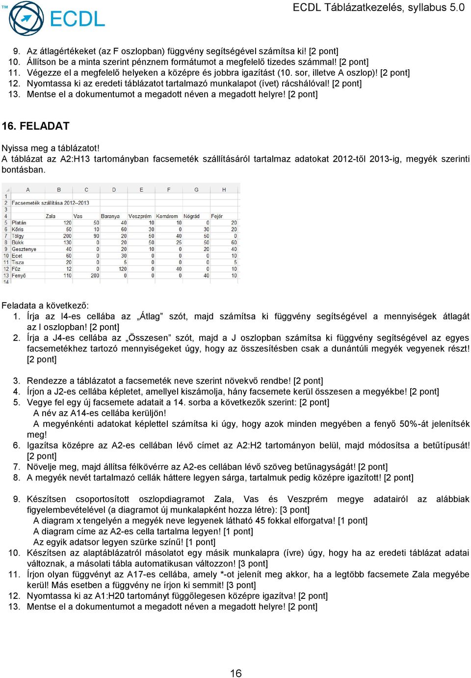 FELADAT A táblázat az A2:H13 tartományban facsemeték szállításáról tartalmaz adatokat 2012-től 2013-ig, megyék szerinti bontásban. 1.