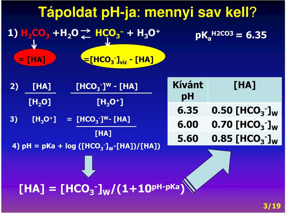 = [HCO 3- ] W - [HA] [HA] 4) ph = pka + log ([HCO 3- ] W -[HA])/[HA]) Kívánt ph [HA] 6.35 0.