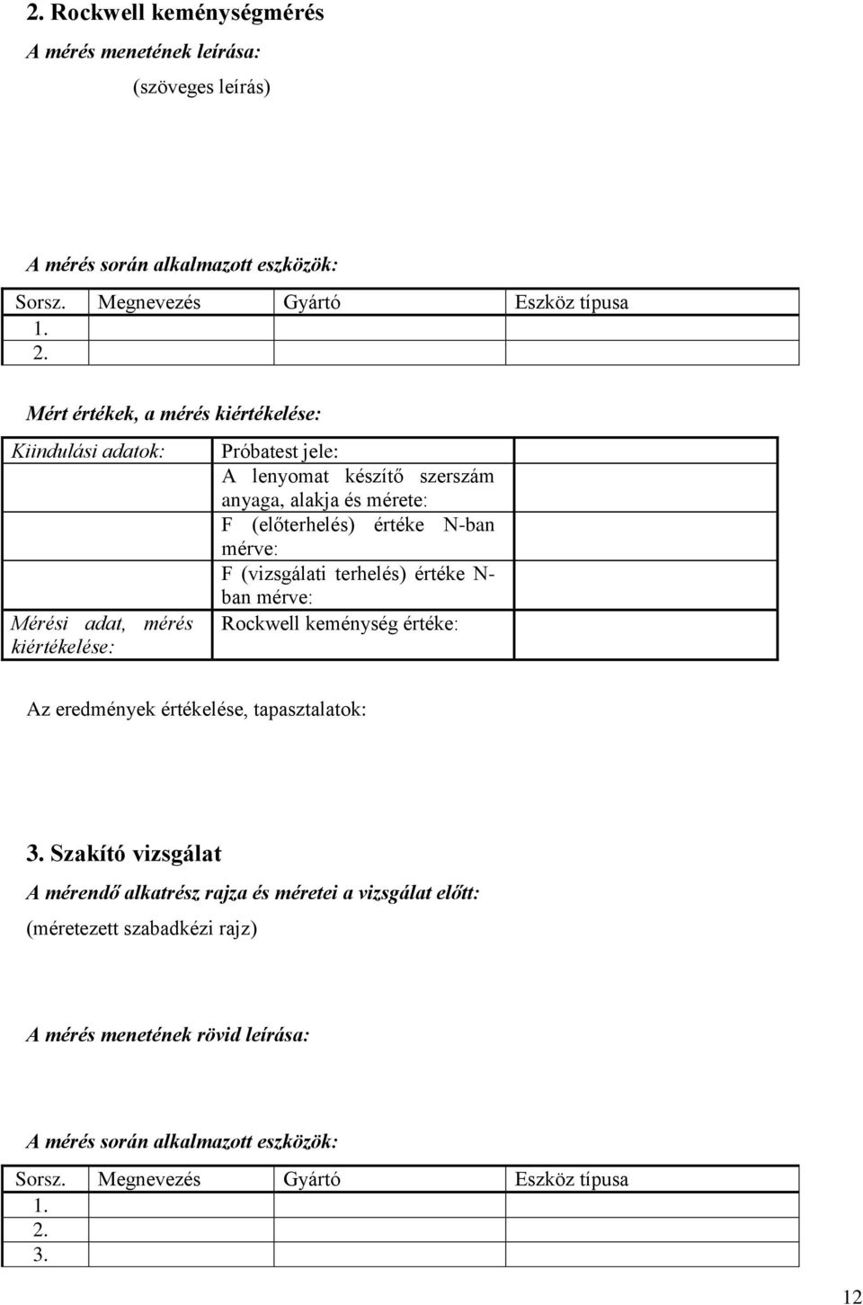 (előterhelés) értéke N-ban mérve: F (vizsgálati terhelés) értéke N- ban mérve: Rockwell keménység értéke: Az eredmények értékelése, tapasztalatok: 3.