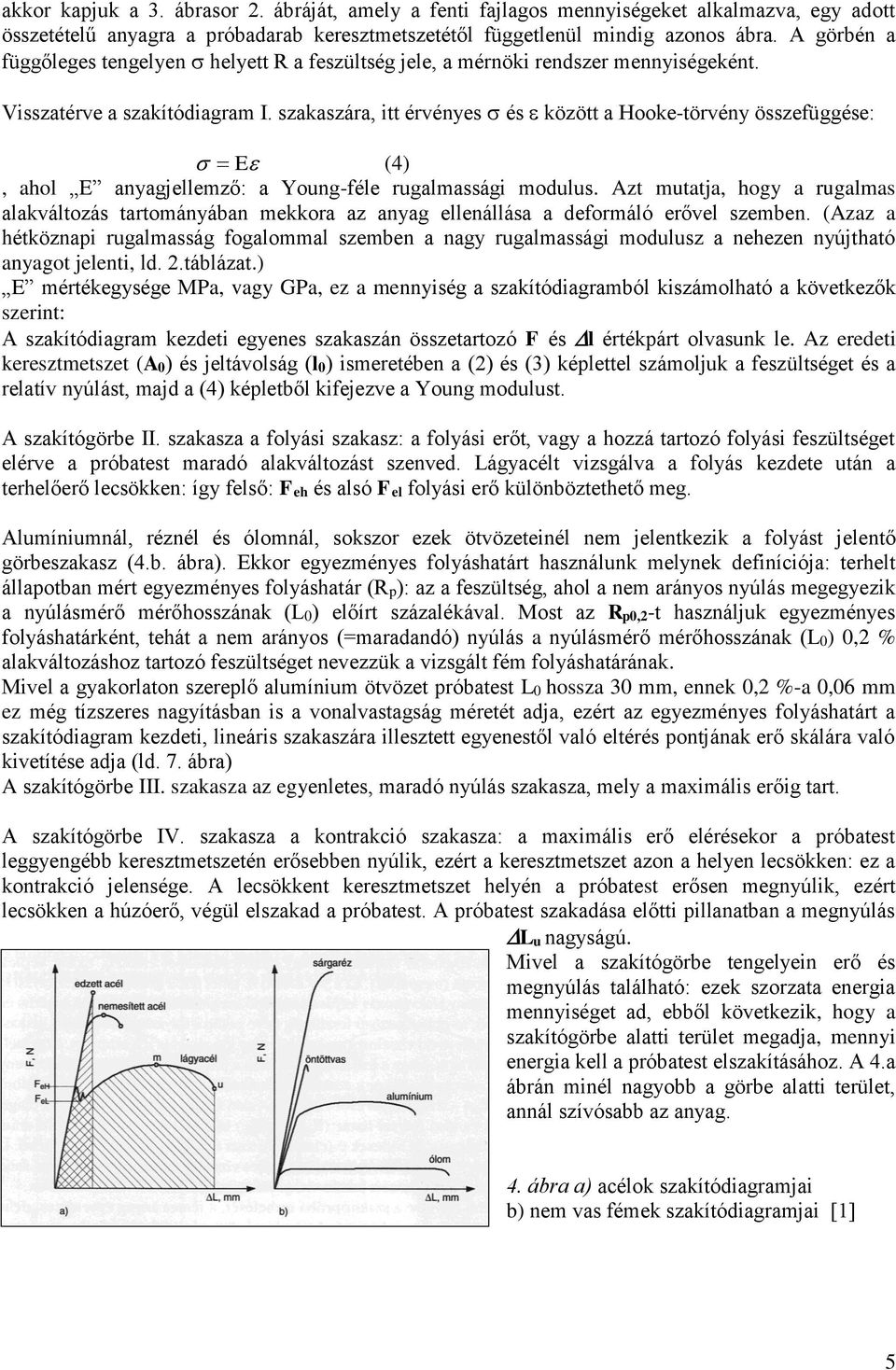 szakaszára, itt érvényes és között a Hooke-törvény összefüggése: E (4), ahol E anyagjellemző: a Young-féle rugalmassági modulus.