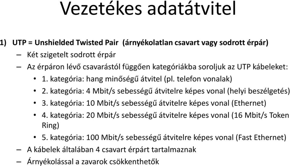 kategória: 4 Mbit/s sebességű átvitelre képes vonal (helyi beszélgetés) 3. kategória: 10 Mbit/s sebességű átvitelre képes vonal (Ethernet) 4.