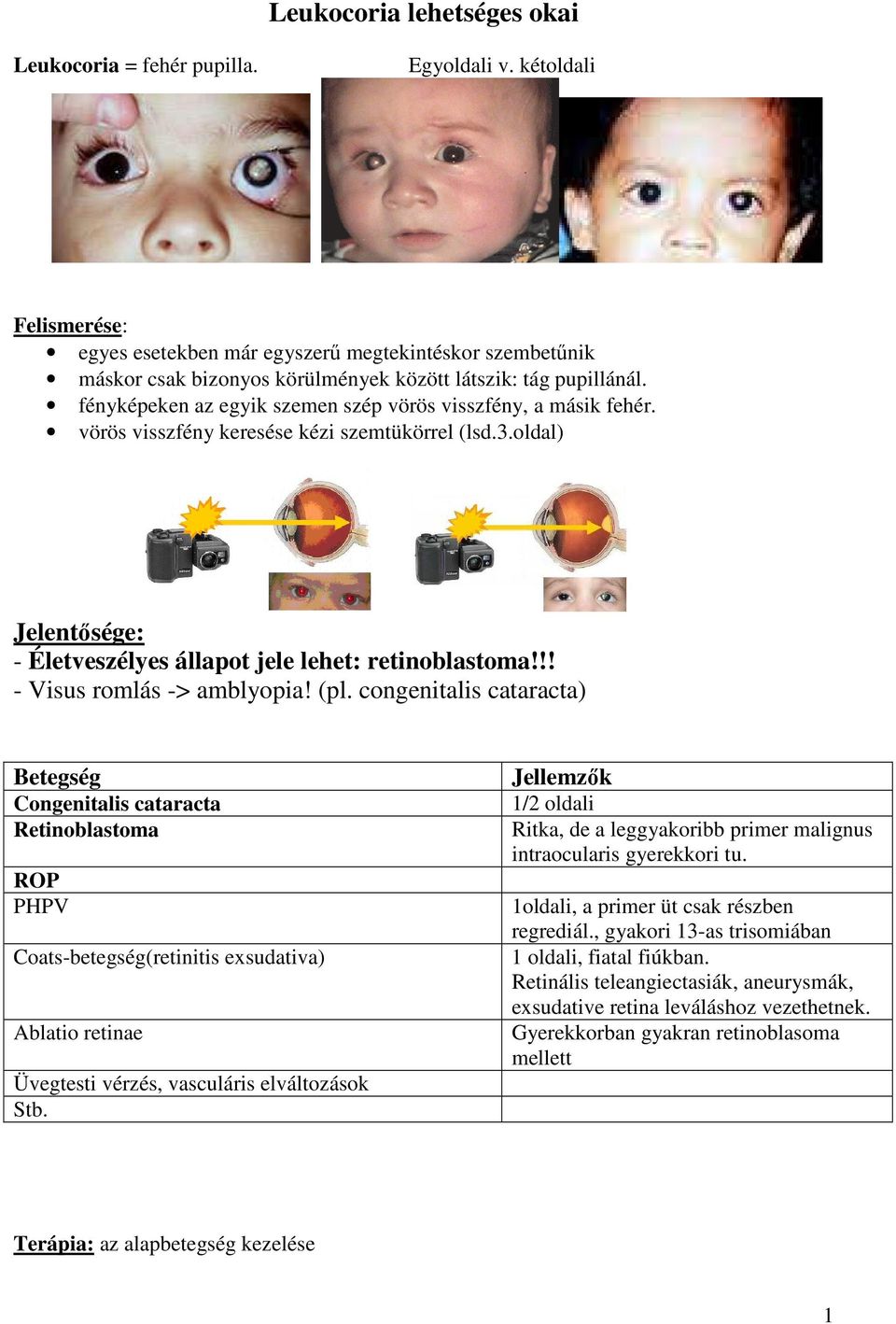 fényképeken az egyik szemen szép vörös visszfény, a másik fehér. vörös visszfény keresése kézi szemtükörrel (lsd.3.oldal) Jelentősége: - Életveszélyes állapot jele lehet: retinoblastoma!