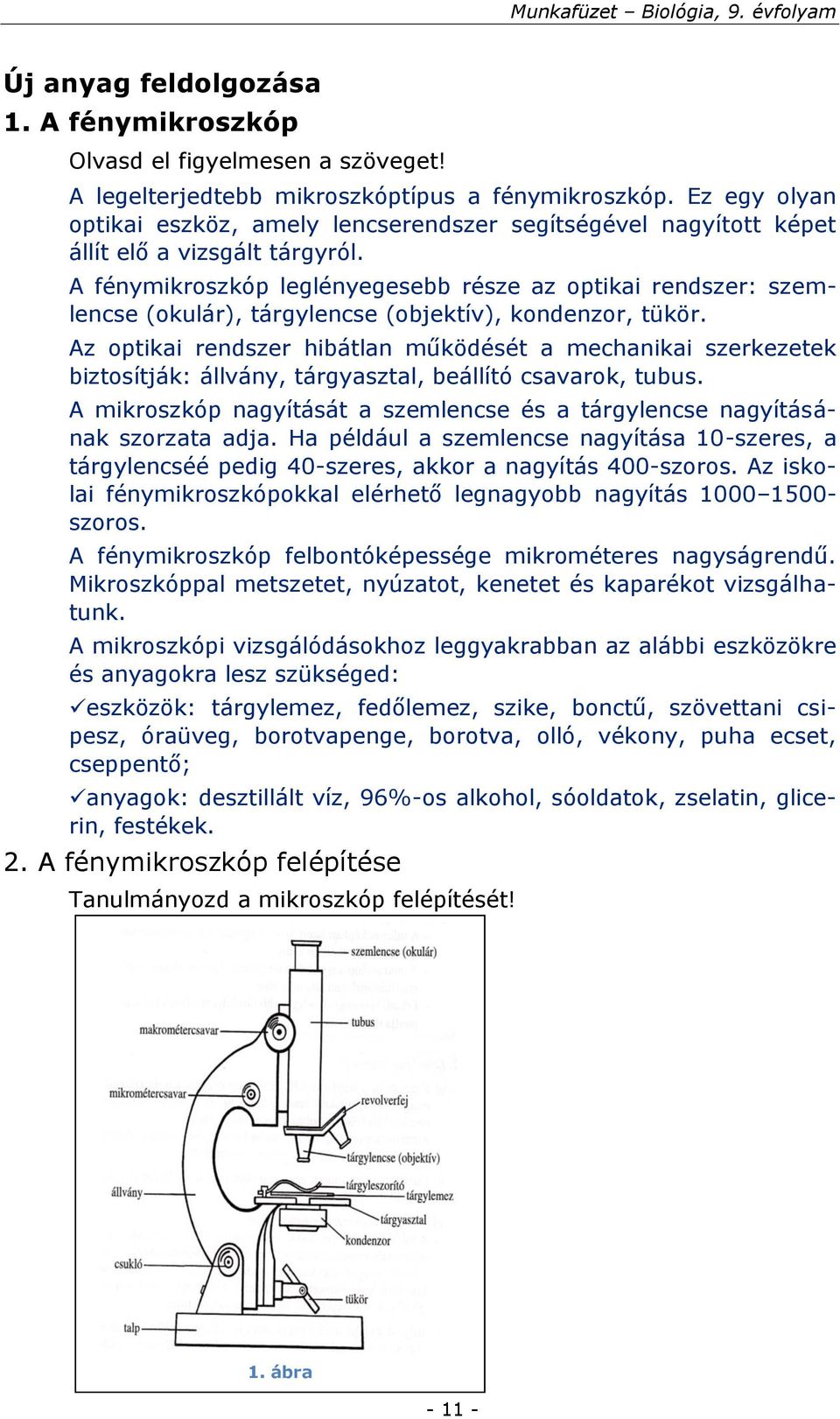 A fénymikroszkóp leglényegesebb része az optikai rendszer: szemlencse (okulár), tárgylencse (objektív), kondenzor, tükör.