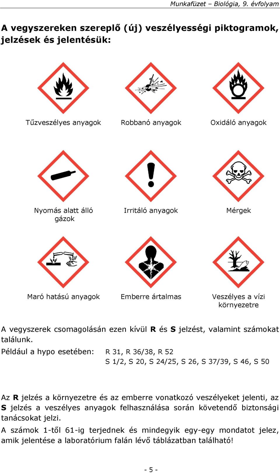 Például a hypo esetében: R 31, R 36/38, R 52 S 1/2, S 20, S 24/25, S 26, S 37/39, S 46, S 50 Az R jelzés a környezetre és az emberre vonatkozó veszélyeket jelenti, az S jelzés a