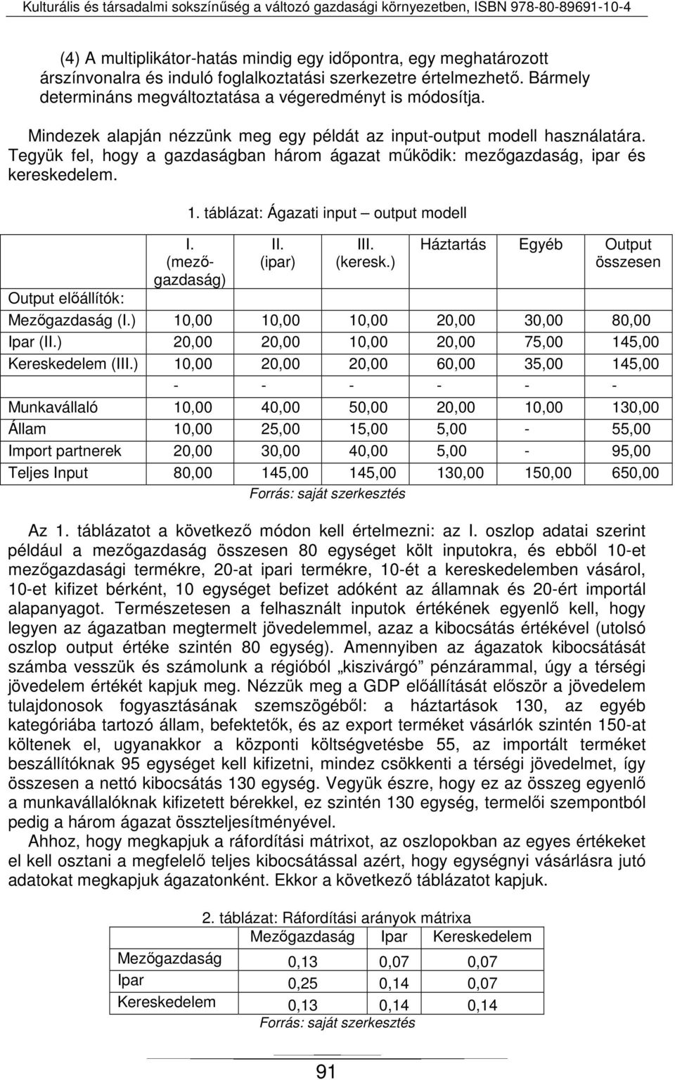 táblázat: Ágazati input output modell I. (mezőgazdaság) II. (ipar) III. (keresk.) Háztartás Egyéb Output összesen Output előállítók: Mezőgazdaság (I.) 10,00 10,00 10,00 20,00 30,00 80,00 Ipar (II.