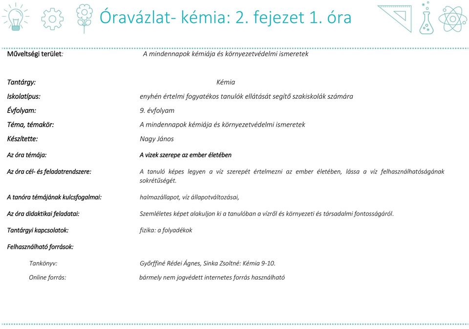 témájának kulcsfogalmai: Az óra didaktikai feladatai: Tantárgyi kapcsolatok: Kémia enyhén értelmi fogyatékos tanulók ellátását segítő szakiskolák számára 9.