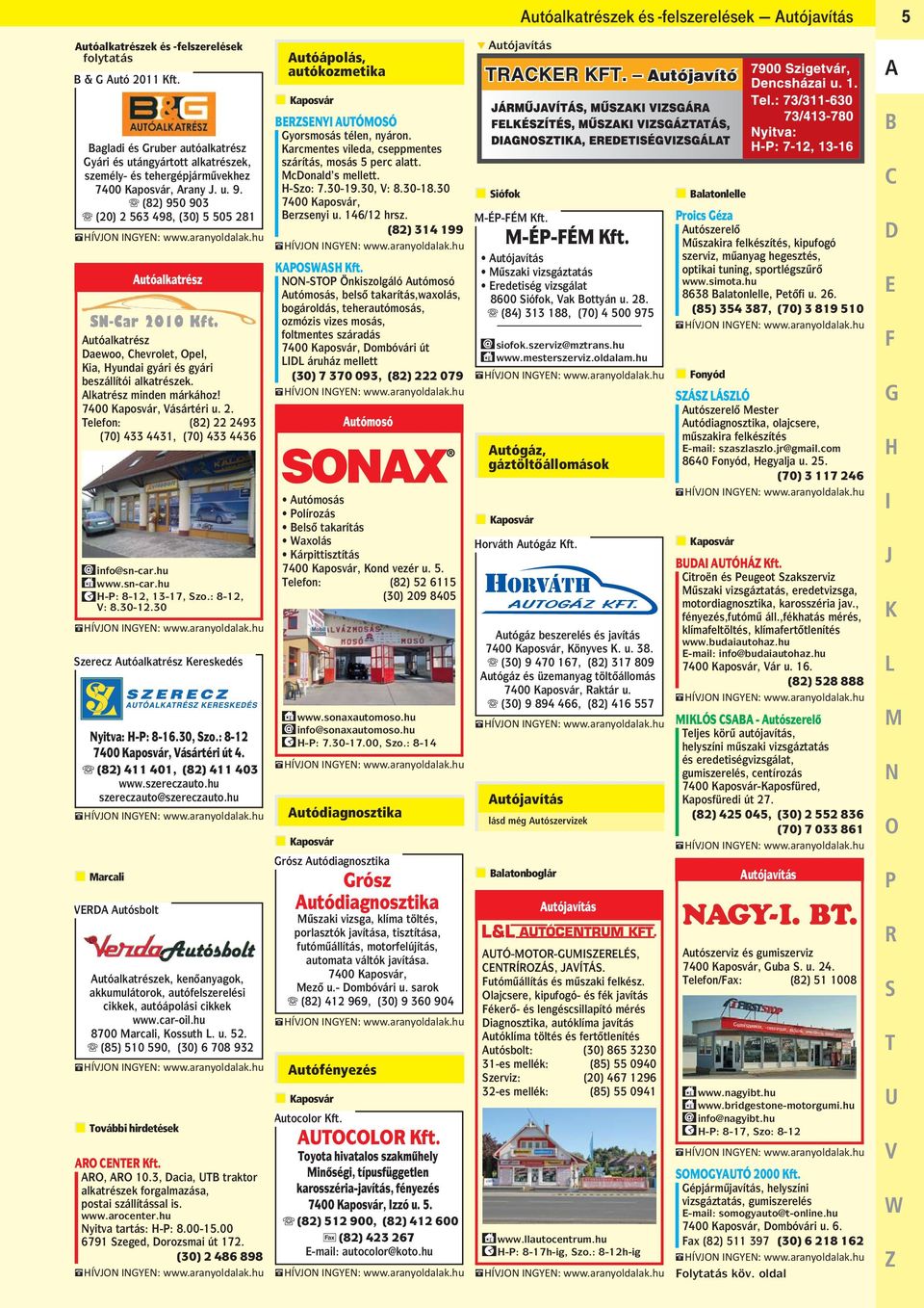 7400 Kaposvár, Vásártéri u. 2. Telefon: (82) 22 2493 (70) 433 4431, (70) 433 4436 info@sn-car.hu www.sn-car.hu H-P: 8-12, 13-17, Szo.: 8-12, V: 8.30-12.