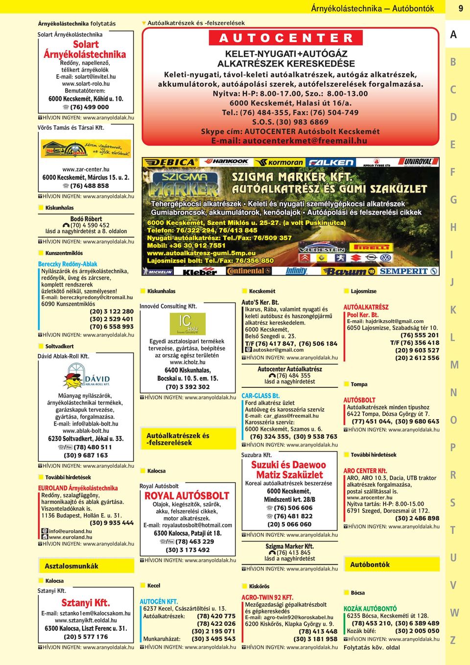00, Szo.: 8.00-13.00 Halasi út 16/a. Tel.: (76) 484-355, Fax: (76) 504-749 S.O.S. (30) 983 6869 Skype cím: AUTOCENTER Autósbolt Kecskemét E-mail: autocenterkmet@freemail.hu www.zar-center.