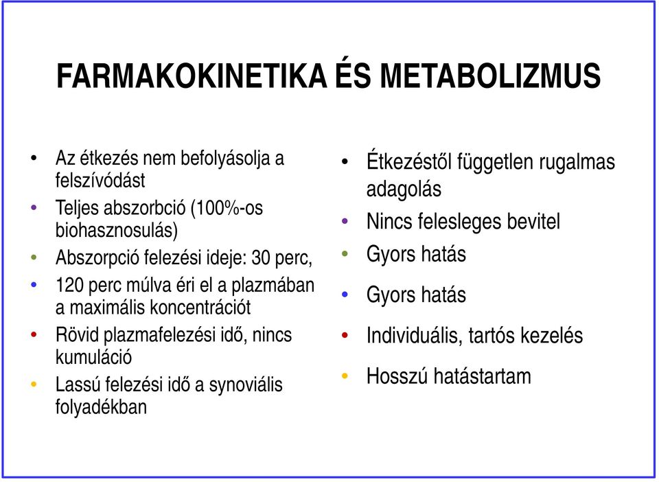 koncentrációt Rövid plazmafelezési idő, nincs kumuláció Lassú felezési idő a synoviális folyadékban
