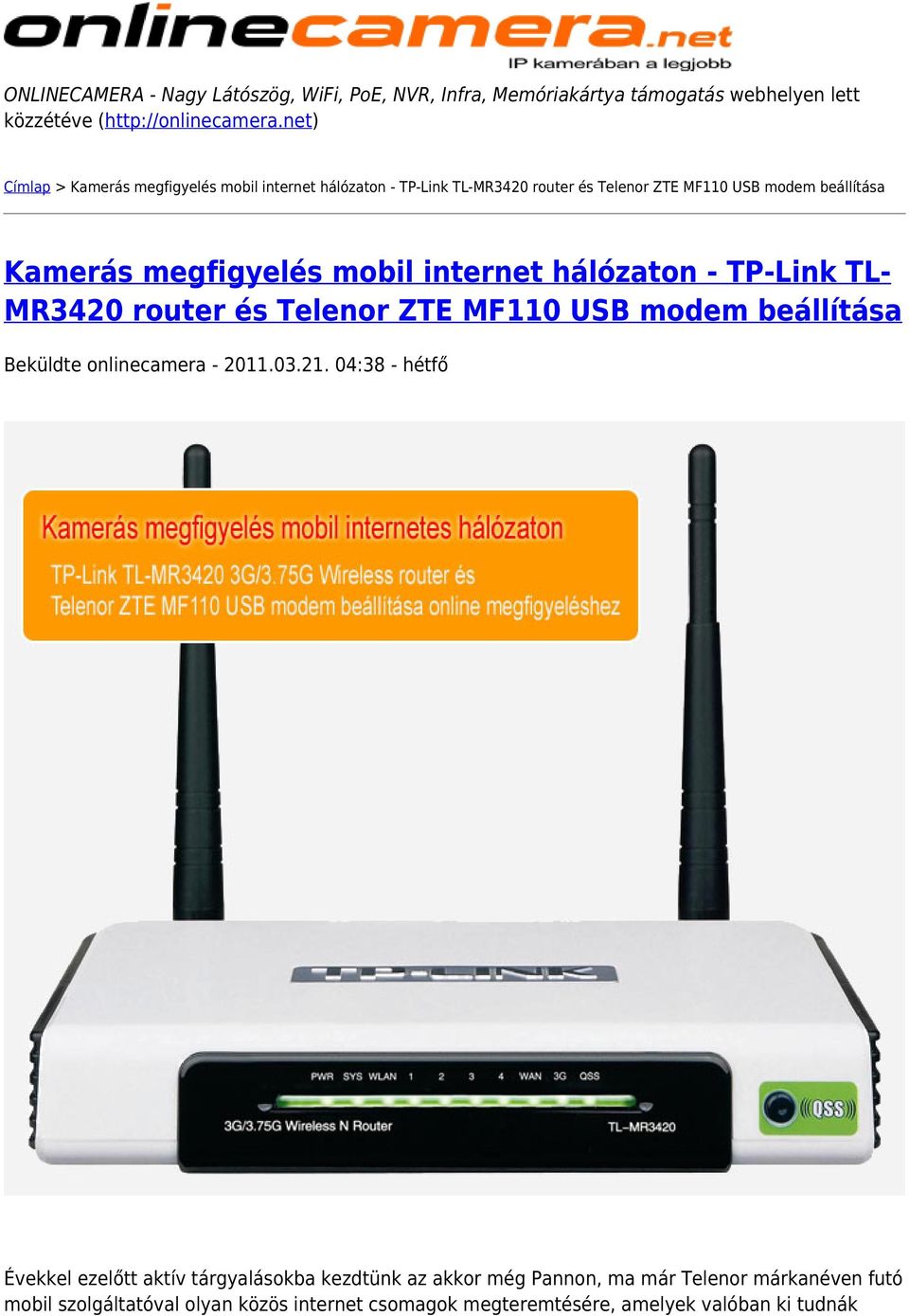 Kamerás megfigyelés mobil internet hálózaton - TP-Link TLMR3420 router és  Telenor ZTE MF110 USB modem beállítása - PDF Ingyenes letöltés