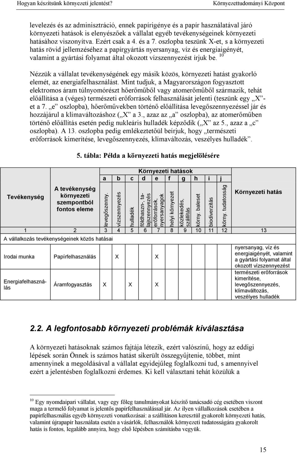 oszlopba teszünk X-et, s a környezeti hatás rövid jellemzéséhez a papírgyártás nyersanyag, víz és energiaigényét, valamint a gyártási folyamat által okozott vízszennyezést írjuk be.