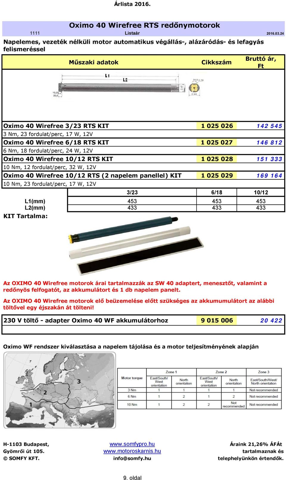 W, 12V Oximo 40 Wirefree 10/12 RTS (2 napelem panellel) KIT 1 025 029 169 164 10 Nm, 23 fordulat/perc, 17 W, 12V 3/23 6/18 10/12 L1(mm) 453 453 453 L2(mm) 433 433 433 KIT Tartalma: Az OXIMO 40