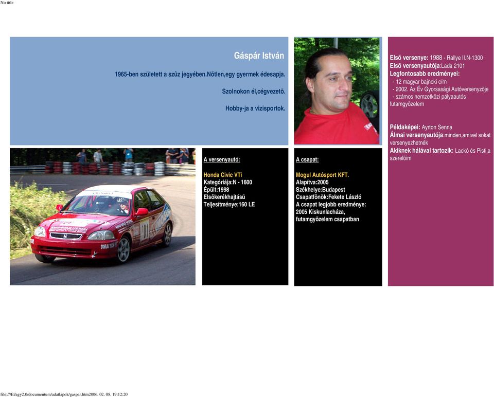 Az Év Gyorsasági Autóversenyzõje - számos nemzetközi pályaautós futamgyõzelem Honda Civic VTi Kategóriája:N - 1600 Épült:1998 Elsõkerékhajtású Teljesítménye:160 LE Mogul Autósport KFT.