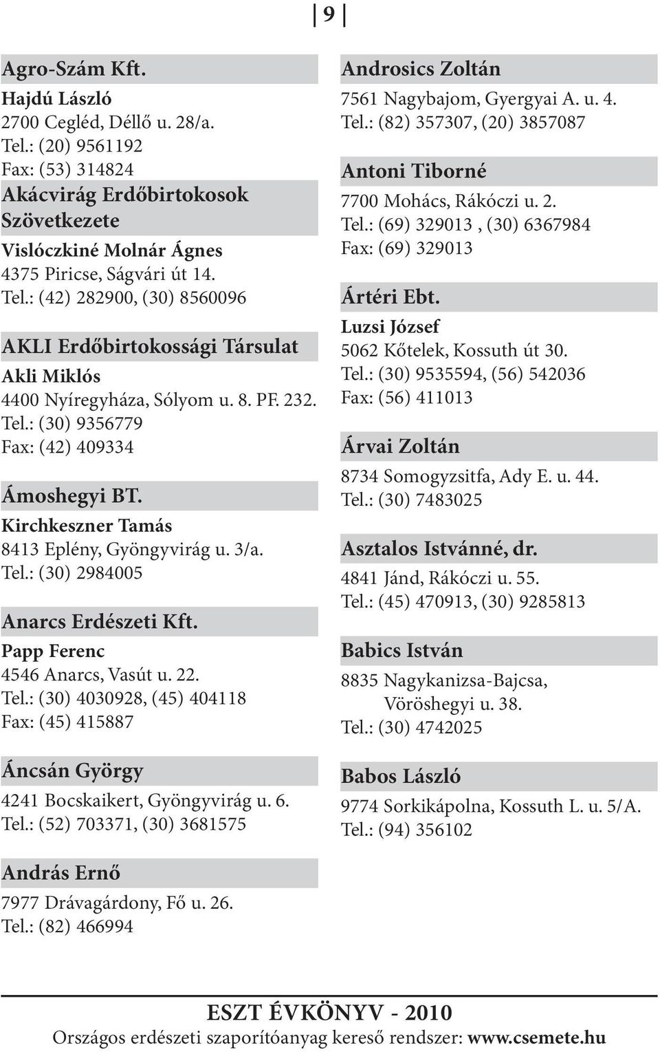 6. Tel.: (52) 703371, (30) 3681575 Androsics Zoltán 7561 Nagybajom, Gyergyai A. u. 4. Tel.: (82) 357307, (20) 3857087 Antoni Tiborné 7700 Mohács, Rákóczi u. 2. Tel.: (69) 329013, (30) 6367984 Fax: (69) 329013 Ártéri Ebt.