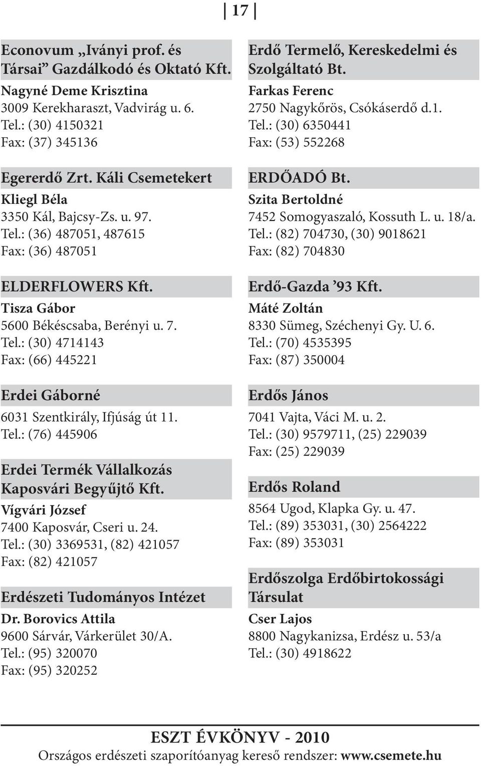 Tel.: (76) 445906 Erdei Termék Vállalkozás Kaposvári Begyűjtő Kft. Vígvári József 7400 Kaposvár, Cseri u. 24. Tel.: (30) 3369531, (82) 421057 Fax: (82) 421057 Erdészeti Tudományos Intézet Dr.