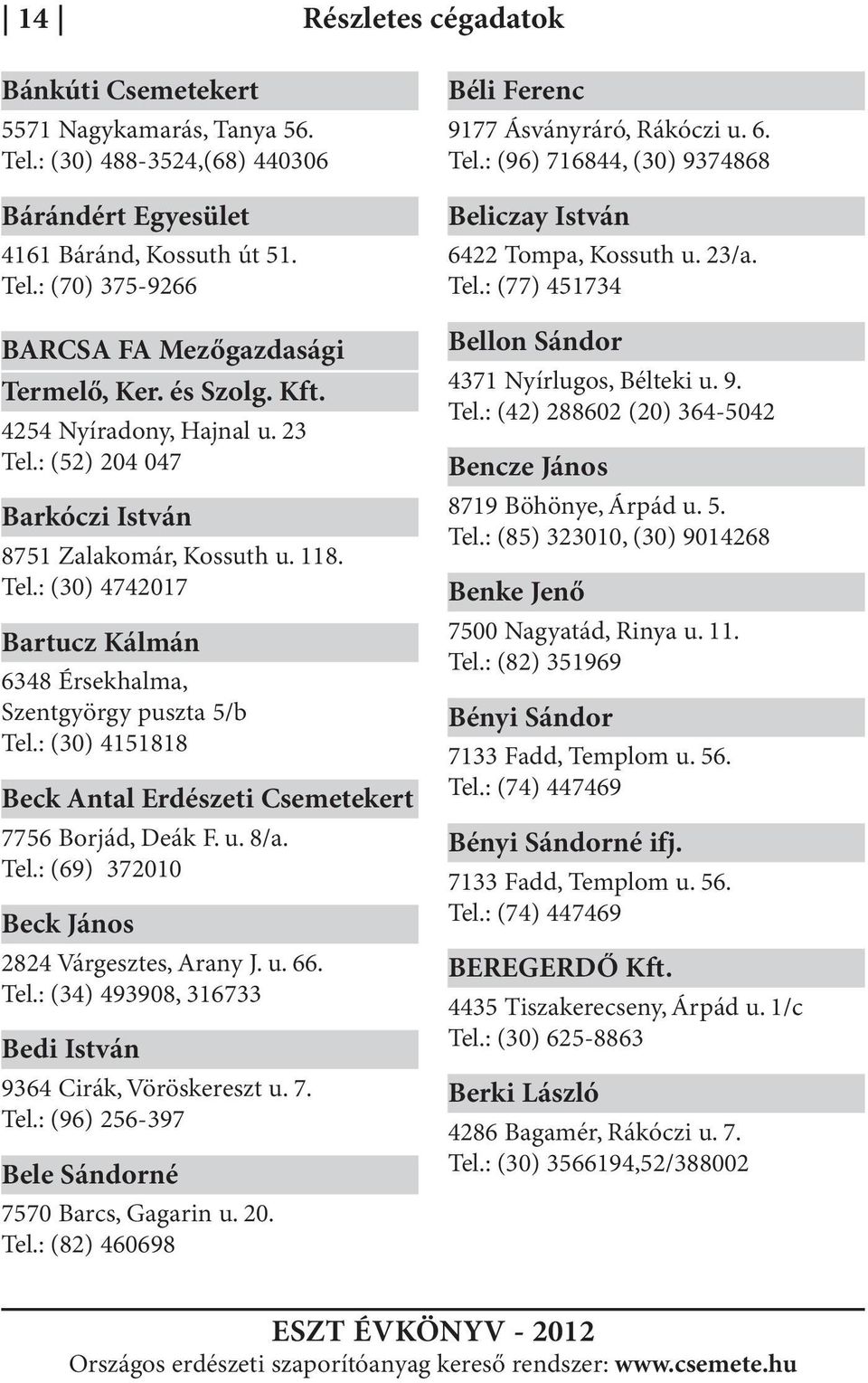 : (30) 4151818 Beck Antal Erdészeti Csemetekert 7756 Borjád, Deák F. u. 8/a. Tel.: (69) 372010 Beck János 2824 Várgesztes, Arany J. u. 66. Tel.: (34) 493908, 316733 Bedi István 9364 Cirák, Vöröskereszt u.