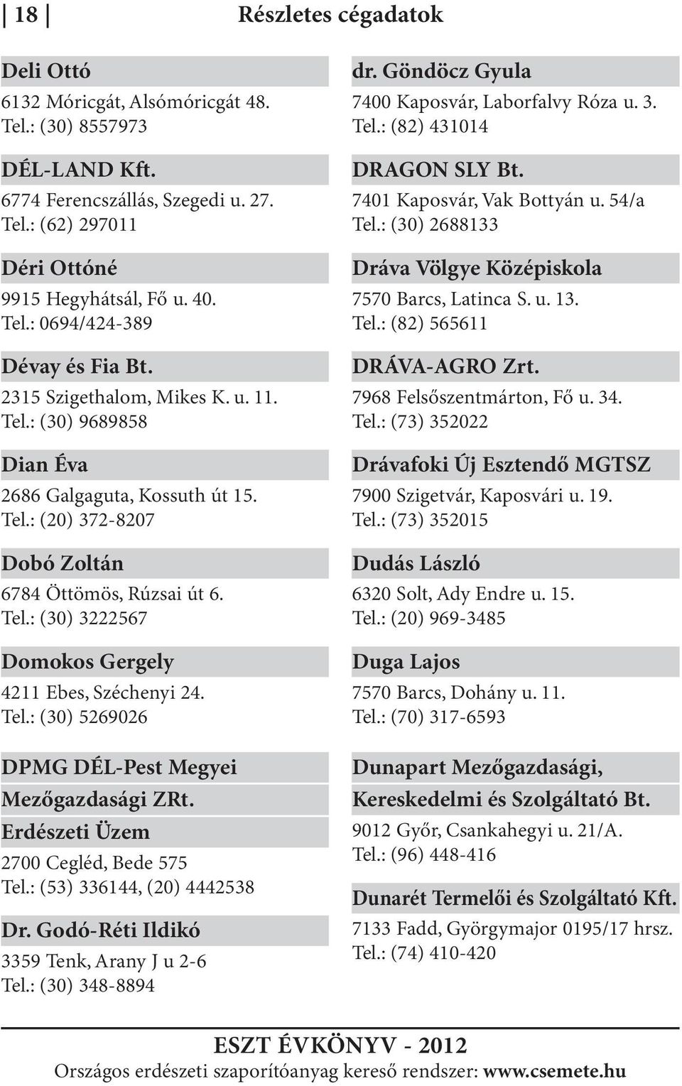 Tel.: (30) 5269026 DPMG DÉL-Pest Megyei Mezőgazdasági ZRt. Erdészeti Üzem 2700 Cegléd, Bede 575 Tel.: (53) 336144, (20) 4442538 Dr. Godó-Réti Ildikó 3359 Tenk, Arany J u 2-6 Tel.: (30) 348-8894 dr.