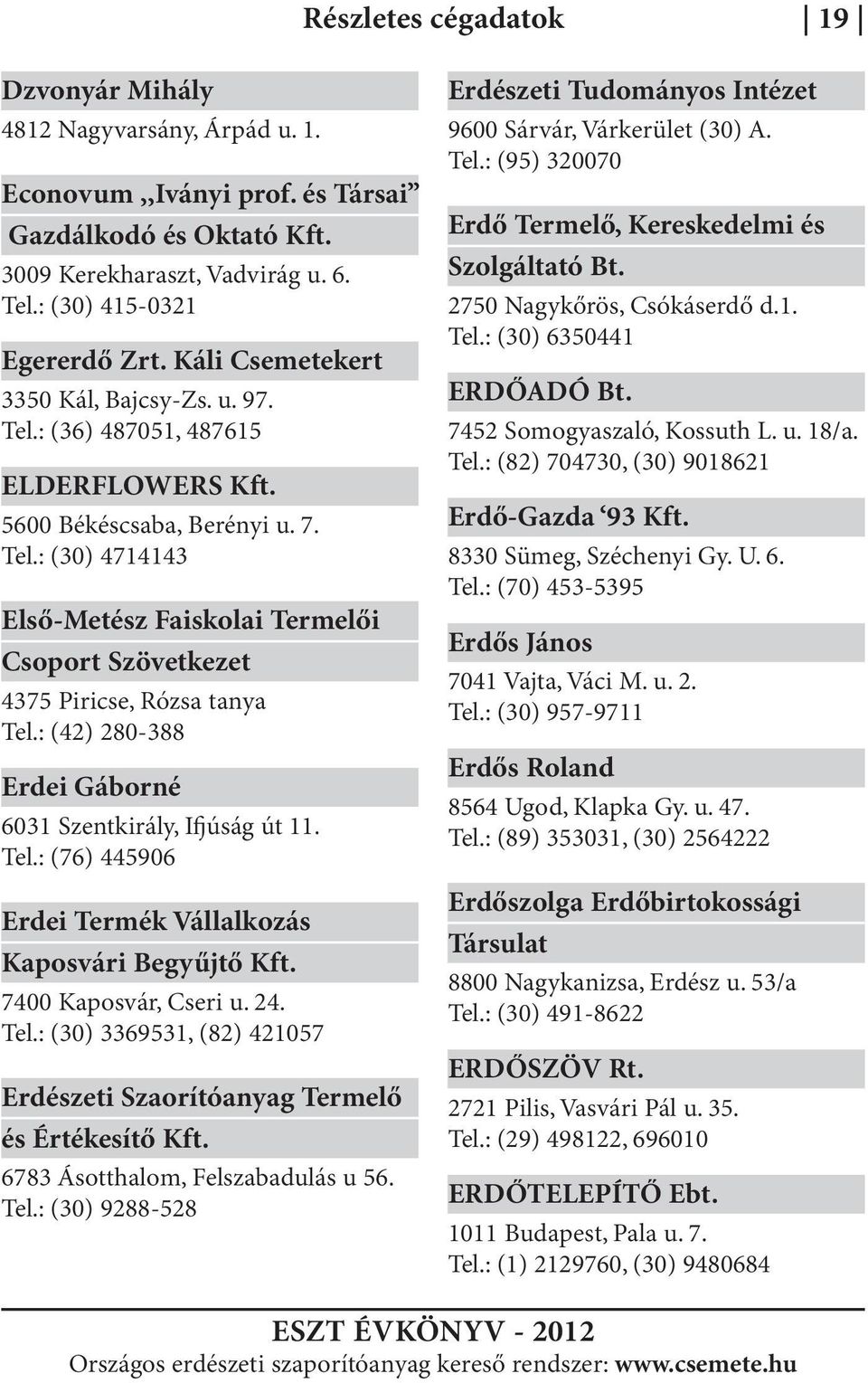 : (42) 280-388 Erdei Gáborné 6031 Szentkirály, Ifjúság út 11. Tel.: (76) 445906 Erdei Termék Vállalkozás i Begyűjtő Kft. 7400, Cseri u. 24. Tel.: (30) 3369531, (82) 421057 Erdészeti Szaorítóanyag Termelő és Értékesítő Kft.