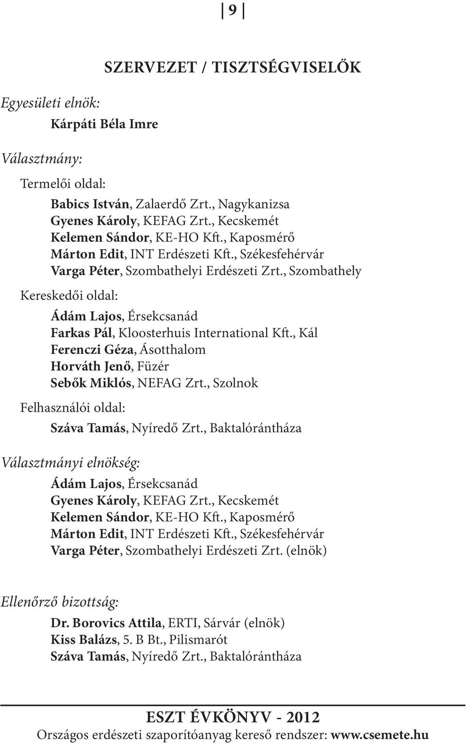 , Ferenczi Géza, Ásotthalom Horváth Jenő, Füzér Sebők Miklós, NEFAG Zrt., Szolnok Felhasználói oldal: Száva Tamás, Nyíredő Zrt.
