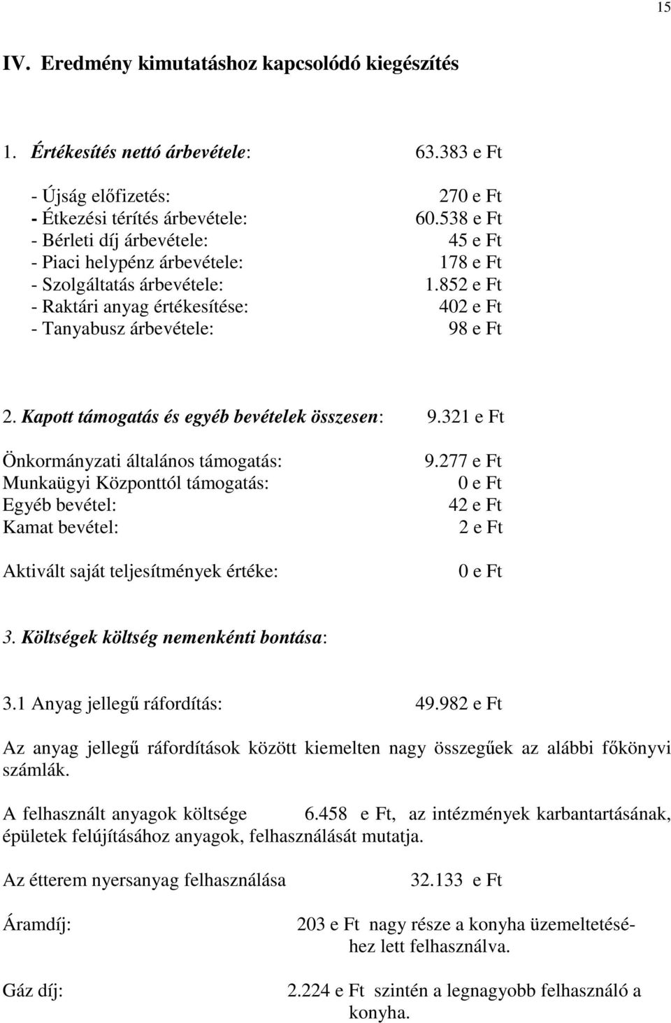 Kapott támogatás és egyéb bevételek összesen: 9.321 e Ft Önkormányzati általános támogatás: Munkaügyi Központtól támogatás: Egyéb bevétel: Kamat bevétel: Aktivált saját teljesítmények értéke: 9.