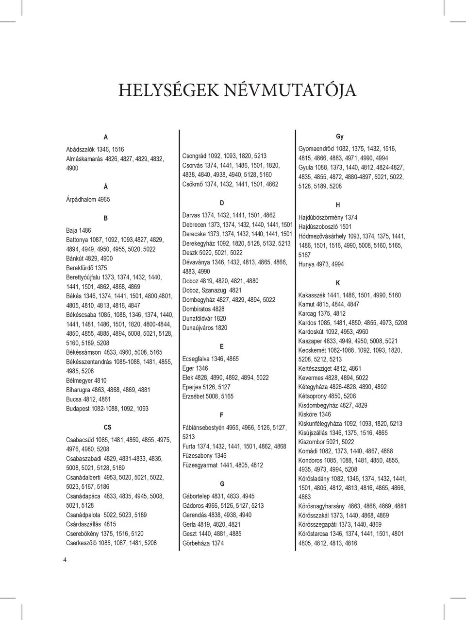 148, 1501, 1820, 4800-4844, 4850, 4855, 4885, 4894, 5008, 5021, 5128, 510, 5189, 5208 Békéssámson 4833, 490, 5008, 515 Békésszentandrás 1085-1088, 1481, 4855, 4985, 5208 Bélmegyer 4810 Biharugra 483,