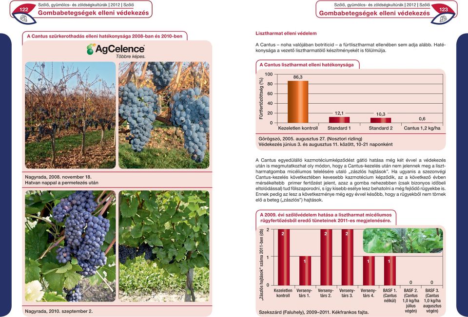 A Cantus lisztharmat elleni hatékonysága Fürtfertőzöttség (%) 1 86,3 8 6 4 2 12,1 Kezeletlen kontroll 1,3 Standard 1,6 Standard 2 Cantus 1,2 kg/ha Görögszó, 25. augusztus 27.