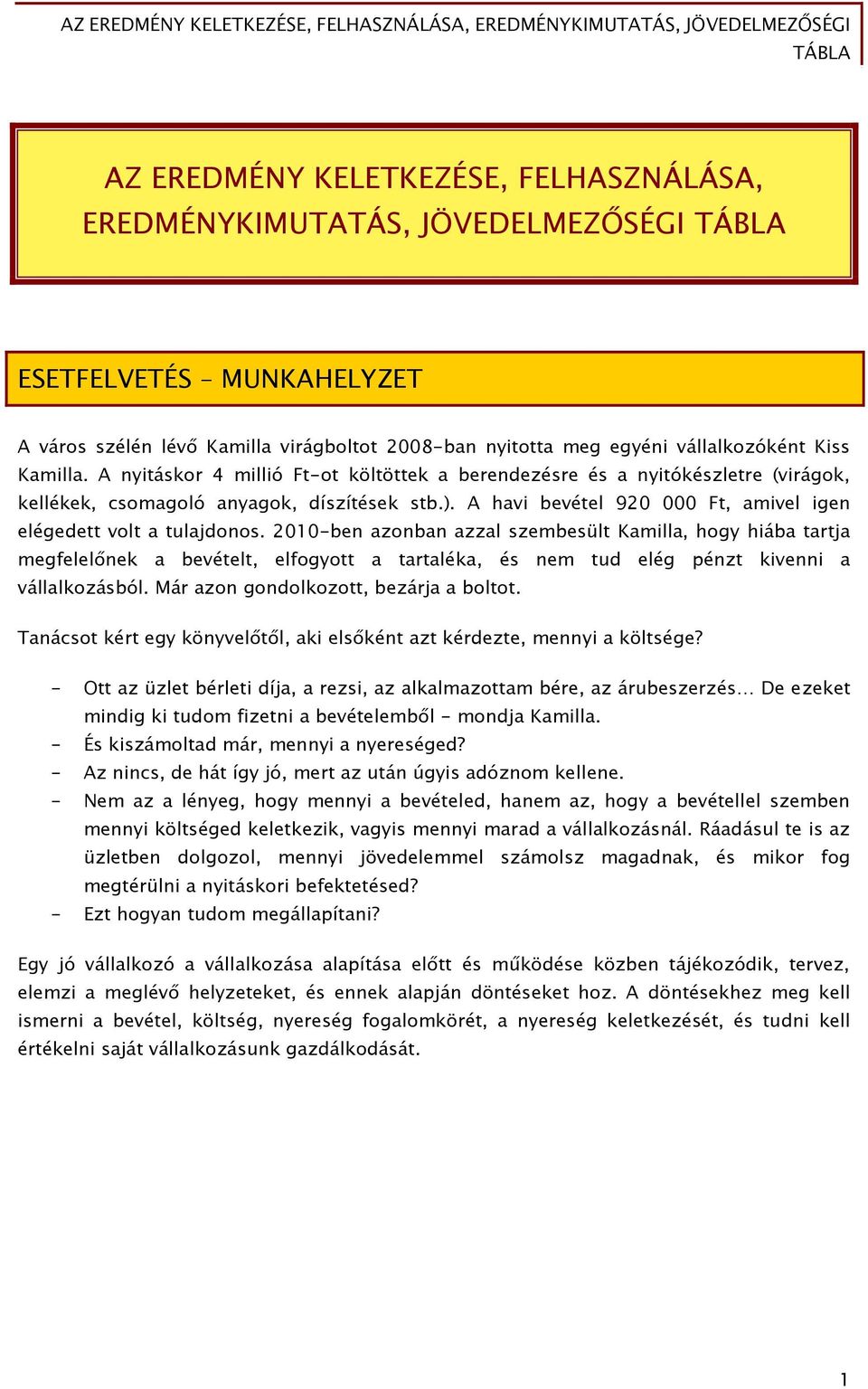 2010-ben azonban azzal szembesült Kamilla, hogy hiába tartja megfelelőnek a bevételt, elfogyott a tartaléka, és nem tud elég pénzt kivenni a vállalkozásból. Már azon gondolkozott, bezárja a boltot.