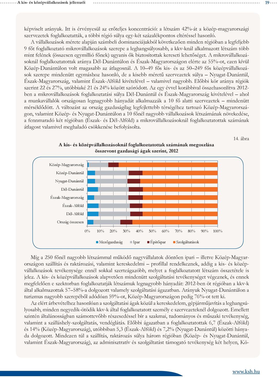 A vállalkozások mérete alapján számbeli dominanciájukból következően minden régióban a legfeljebb 9 főt foglalkoztató mikrovállalkozások szerepe a leghangsúlyosabb, a kkv-knál alkalmazott létszám