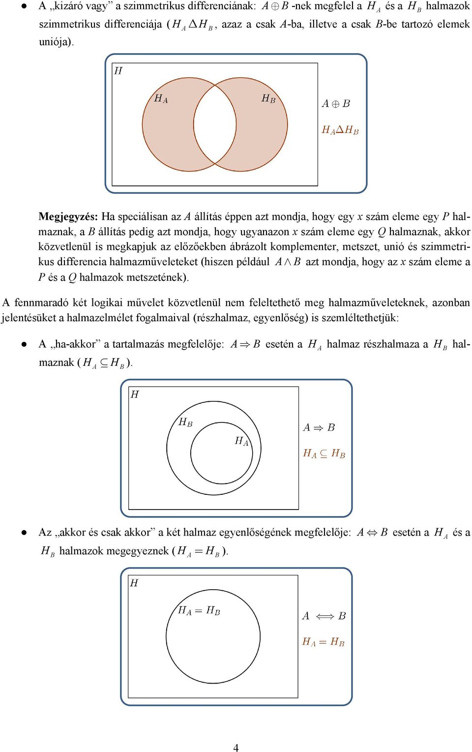 előzőekbe ábrázolt komplemeter, metszet, uió és szimmetrikus differecia halmazműveleteket (hisze például A B azt modja, hogy az x szám eleme a P és a Q halmazok metszetéek).