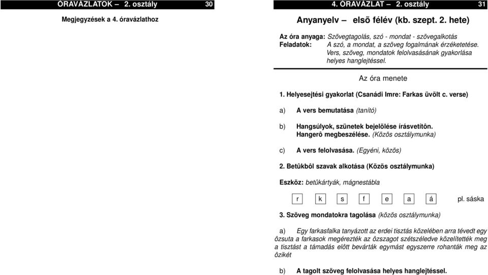 verse) a) A vers bemutatása (tanító) b) Hangsúlyok, szünetek bejelölése írásvetítôn. Hangerô megbeszélése. (Közös osztálymunka) c) A vers felolvasása. (Egyéni, közös) 2.