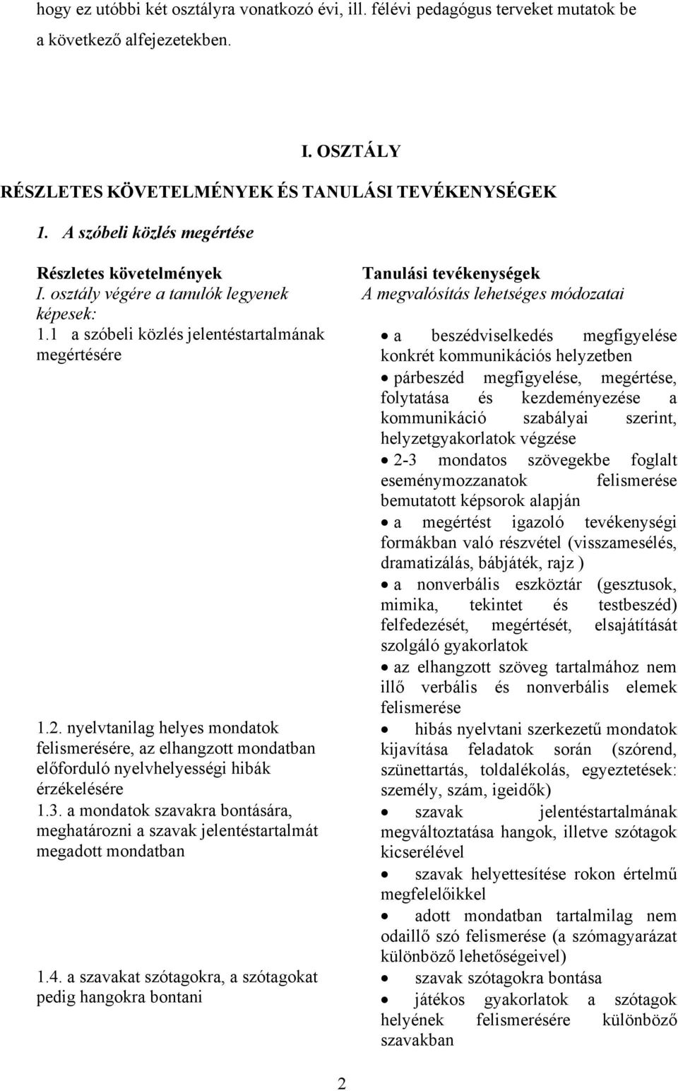 nyelvtanilag helyes mondatok felismerésére, az elhangzott mondatban előforduló nyelvhelyességi hibák érzékelésére 1.3.