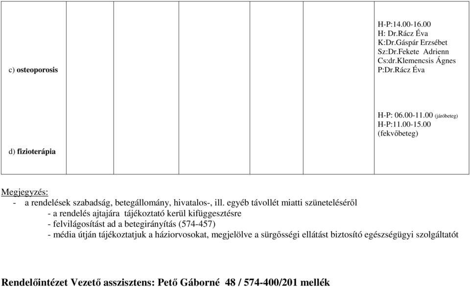 egyéb távollét miatti szüneteléséről - a rendelés ajtajára tájékoztató kerül kifüggesztésre - felvilágosítást ad a betegirányítás (574-457) - média