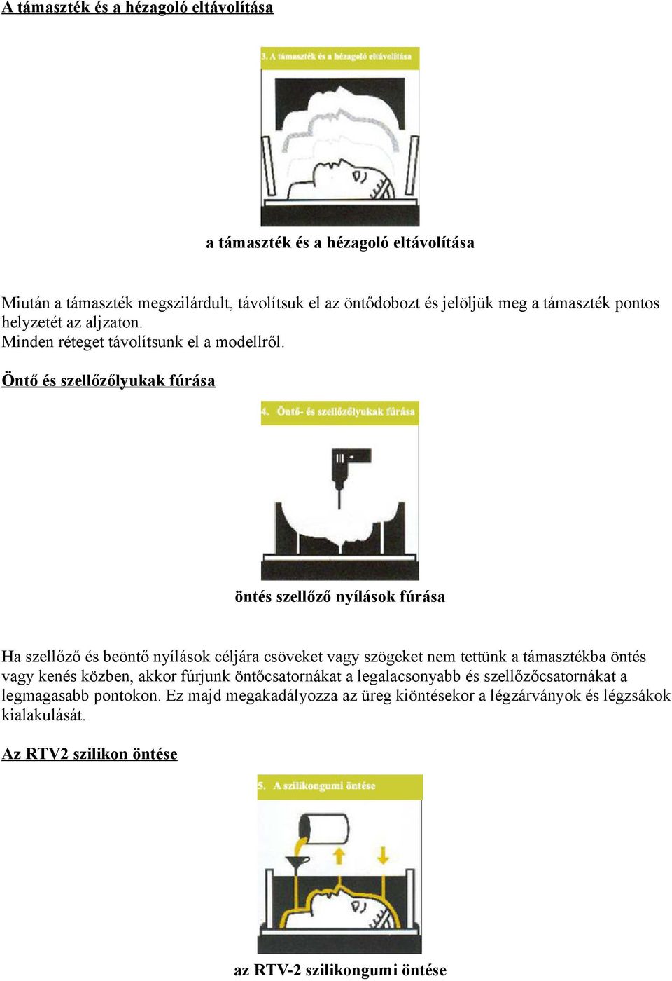 Öntő és szellőzőlyukak fúrása öntés szellőző nyílások fúrása Ha szellőző és beöntő nyílások céljára csöveket vagy szögeket nem tettünk a támasztékba öntés vagy