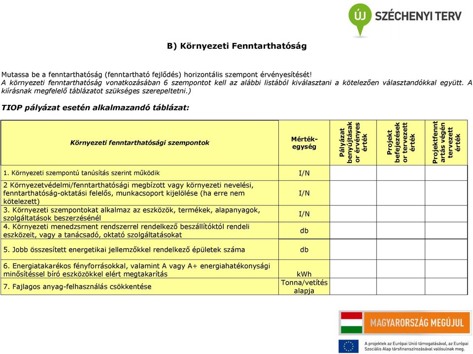 ) TIOP pályázat esetén alkalmazandó táblázat: Környezeti fenntarthatósági szempontok Megység Pályázat benyújtásak or érvényes Projekt befejezések or tervezett Projektfennt artás végén tervezett 1.