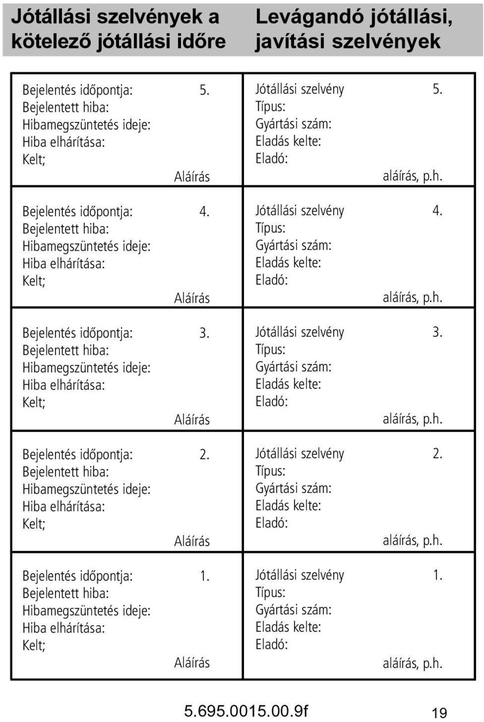 Bejelentett hiba: Hibamegszüntetés ideje: Hiba elhárítása: Kelt; Aláírás Bejelentés időpontja: 1.